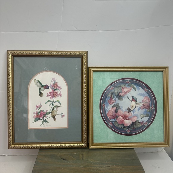 Other - Lot Of 2 Framed Hummingbird & Pink Flowers Art Print Gold Frames Still Life